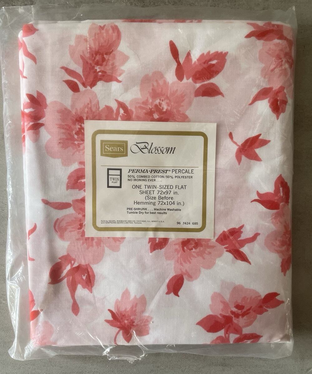 Vintage Sears Blossom Twin Flat Sheet Pink Floral NOS Perma Prest